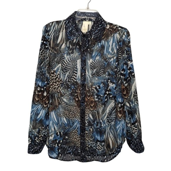 Lavender & Honey sheer long sleeve button up feather animal print blouse size M - Picture 7 of 8